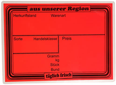 10 laminierte Preisschilder 154 x 216 mm leuchtrot für Obst und Gemüse mit Aufdruck Aus unserer Region Werbesymbole