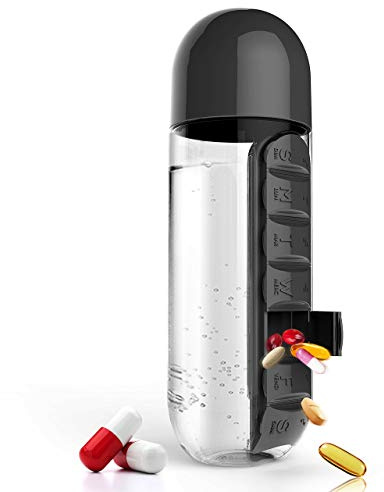 Water Bottle with Pill Box Organizer, Portable Water Cup with Thermal Cup Sleeve (Black)