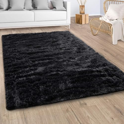 Paco Home Hochflor Teppich Wohnzimmer Fellteppich Kunstfell Shaggy Flauschig Schwarz, Grösse:140x200 cm