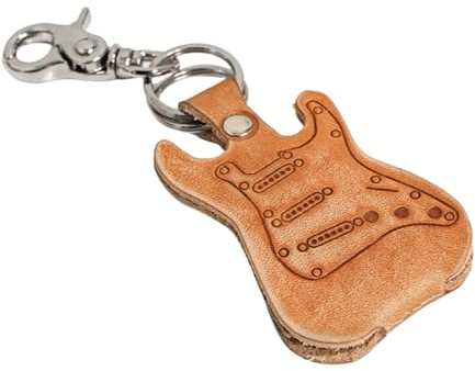 Plektrenetui in Form Einer E-Gitarre Fender aus echtem Leder mit Schlüsselanhänger und Karabinerhaken, hergestellt in Italien, Endscuoio Qualität (Ocker -Fender)