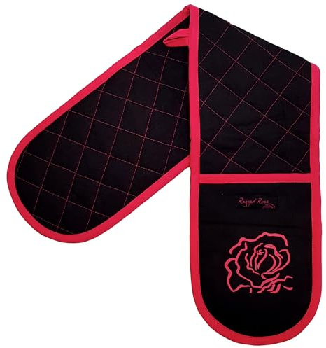 Double Oven Gloves - 84 cm x 18 cm x 1 cm Oven Mitts with Thermal Inner for Cooking & Baking - Cotton, Machine Washable at 30° - Kitchen Essentials by Ragged Rose (Pink/Black Plain)