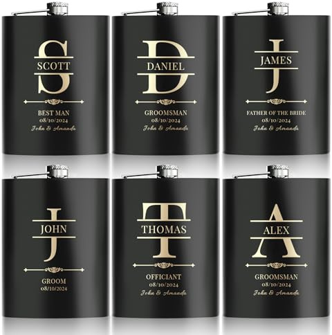 6 Pieces Personalised Hip Flasks for Groomsmen Gifts, 8oz Engraved Alcohol Flasks for Wedding, Customised Whisky Hip Flask for Bachelor Stag Party, Father of The Bride Gifts (Black)