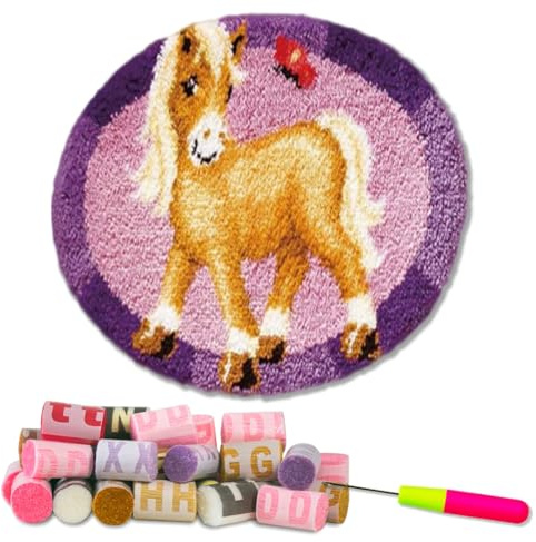 DL-YTG Latch Hook Kits Rug Pink Horse Crochet Yarn Cushion Colour Pre-Printed Canvas Cover Rug Needlework DIY Hook and Latch Kit Christmas Home Decoration 50x50cm/20 X20inch