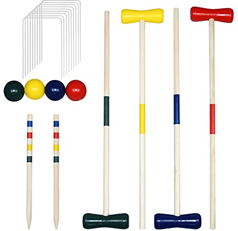NAIZY Krocket Spiel Kinder Cricket Set Holz Erwachsene Croquet für 4 Spieler mit Heringen, Schlägeln, Wickets und Bällen, Traditionelle Holzspielzeug Gartenspiel
