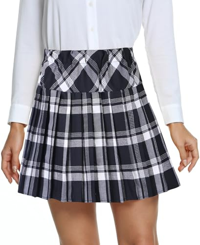 Damen Schule Stil Elastische High Taille Faltenrock A-Linie Kariert Tennis Mini Röcke mit Kurze Hosen