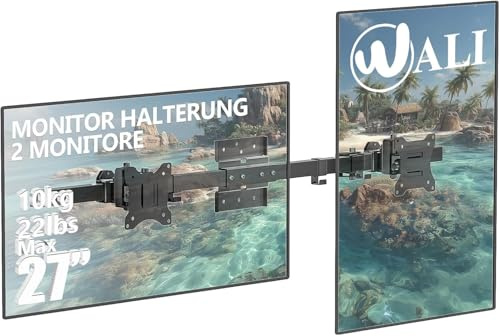 WALI Dual Monitor Wandhalterung,Monitor WandHalterung 2 Monitore bis 27 Zoll-Schwenkbar & Neigbar,VESA 75x75/100x100mm (012ARM),Schwarz