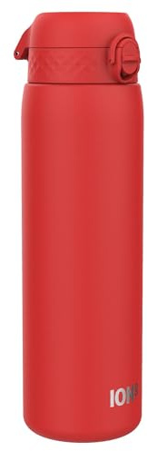 ion8 1 Liter Leicht Edelstahl Trinkflasche, Nicht Isoliert, Auslaufsicher, Einhandöffnung, Sichere Verriegelung, Spülmaschinenfest, Klappdeckel, Tragegriff, Leicht zu Reinigen, Rot