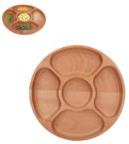 Beufee Plato dividido de madera, plato dividido redondo de madera de 5 compartimentos Plato de postre dividido Bandejas para servir Sándwich Snack Vegetal Aperitivo Plato(30cm)