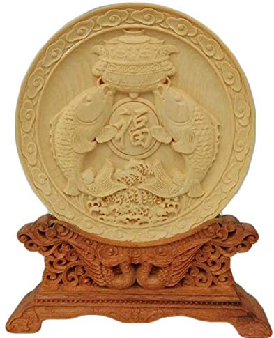 Natürlicher Buchsbaum geschnitzt Fengshui Paravent Statue (Fisch & Schatzschale)