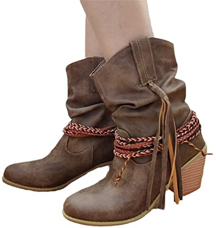 Stivaletti Primaverili Da Donna Con Frange, Booties Da Combattimento Con Tacco Largo,Stivali In Pelle PU,Boots Classici Slip-on,Stivaletti Da Donna for Il Tempo Libero ( Color : Khaki , Size : 38 EU )