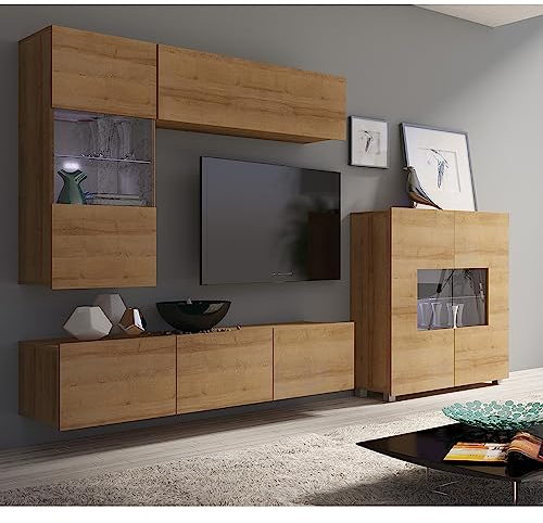 Lomadox Wohnwand Anbauwand Eiche Nb. 4-teilig Modern, mit 1 Hängevitrine mit Beleuchtung, 1 Stauraumschrank, 1 Highboard, 1 TV-Lowboard