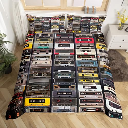 Erosebridal 3D Audio Cassettes Duvet Cover Full Retro Music Theme Bedding Set for Kids Teen Adults Men Women Retro Musical Old Mixtape Comforter Cover Hip-Hop Hippie Hipster Bed Set 2 Pillow Cases