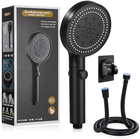 jutyum Duschkopf mit 1.5M Schlauch, 6 Strahlarten Wassersparend, Duschbrause und Halterung Ohne Bohren, Handbrause, Shower Head, Schwarz