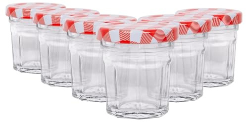 Argon Tableware Glass Jam Jars with Airtight Red Gingham Lids - 30ml - Pack of 6 - Empty Screw Top Kitchen Storage Jar for Food, Honey, Spice, Pickling, Preserving, Candle Making