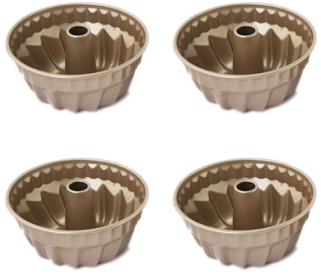 QJFCare 4 Inch Nonstick Mini Fluted Tube Cake Pan, 4 Pack Carbon Steel Fluted Tube Cake Pans, Mini Oven Baking Mold Mould Bakeware for Kugelhopf, Cake, Brownie, Jello, Bavarois - Gold