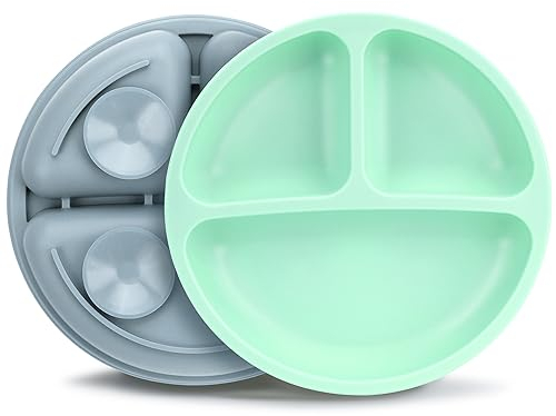 MOJINL Kinderteller mit Saugnapf Rutschfest Silikon Baby Teller BPA Frei Babyteller Kinder Tischset Babygeschirr Spülmaschinenfest für Kleinkinder 2 Stück (Fernblau Minzgrün)