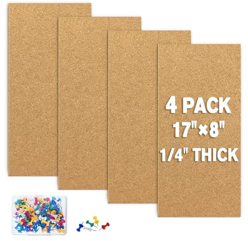 TUPARKA 4 Pack Cork Board Bulletin Boards 17x8 - 1/4 Self-Adhesive Corkboards for Wall with 100 Push Pins, Square Cork Tiles for Home, School, Office Decorative