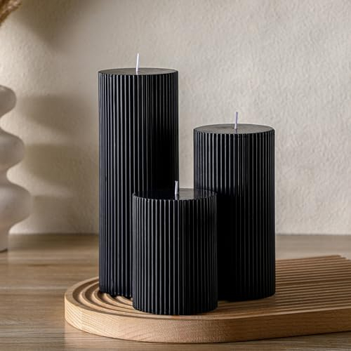 Conelist Ribbed Pillar Candles Set of 3, Width 3 High 4 6 8 Large Soy Wax Orchids Scented Pillar Candles Aesthetic Ribbed Modern Home Decor for Bathroom Living Room(Black)