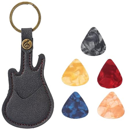 Gitarrenplektrenhalter, Gitarrenplektren aus Leder, Schlüsselanhänger Tasche mit 5 Gitarrenplektren, Gitarrenplektren, Zelluloidplektren für Akustikgitarre, E-Gitarre, Bass, Ukulele (Schwarz)
