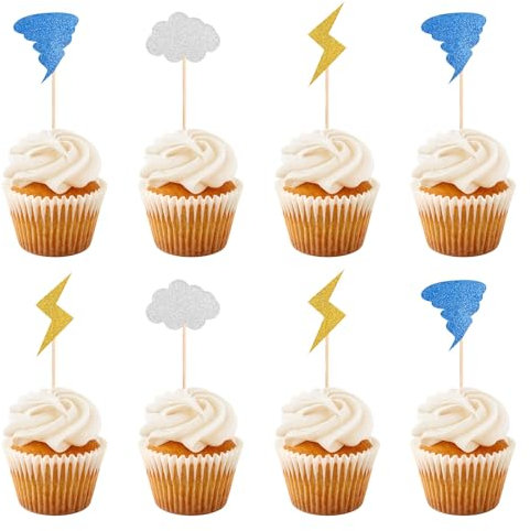 24pcs Tornado Cupcake Toppers, Cute Tornado Cloud Lightning Cupcake Decorations Toppers Tornado Birthday Cupcake Toppers Weather Cake Decorations for Birthday Tornado Parties