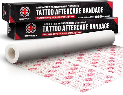 Sterivault Tattoo Aftercare Bandage - 12 Wide x 3 yd - Veteran Owned - Waterproof Bandages - Tattoo Wrap - Tattoo Second Skin Cover - Large Tattoo Cover