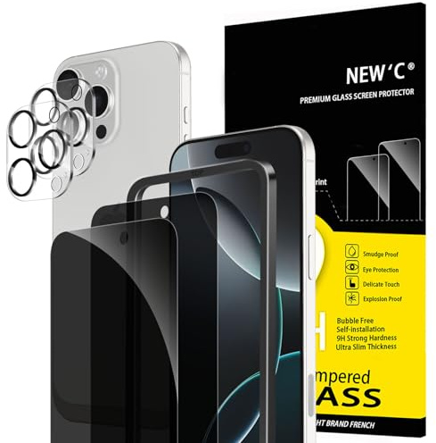 NEW'C 2 x Sichtschutz für iPhone 16 Pro Max für Panzerglas (6,9 Zoll) und 2 x Kamera Panzer Schutz Glas Kameraschutz -Einfaches Installationswerkzeug enthalten-Verbesserter 28-Grad-schutzwinkel
