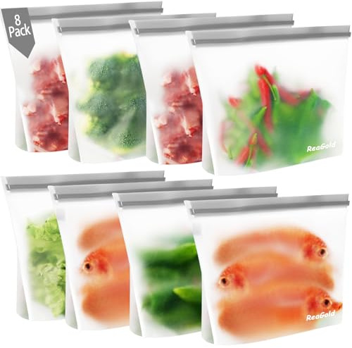 8 Pezzi Sacchetti Freezer Riutilizzabili, Sacchetti Alimenti Richiudibili, Sacchetti per Alimenti Senza BPA Sacchetti Sandwich Riutilizzabili, Sacchetti in Silicone per Frutta, Verdura, Carne