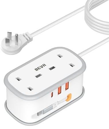 UK to US Plug Adapter with 1.5M Extension Cable, BEVA 2 Way 3 USB (2A+1C) Travel Adapter with Retractable USB C Cable for American, Thailand, Canada, Mexico, Type B