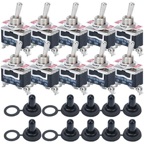 10 interruttori a levetta in metallo, 15 A, 250 V, 20 A, 125 V, SPST a 2 poli on/off, SPDT a 3 poli on/off, un interruttore a bilanciere ad alte prestazioni con tappo di protezione impermeabile (1122