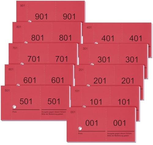 Nezyo Doppelnummern Nummernblöcke 1-1000, Rot | 10 x 5 cm, Nummernblöcke Lose Nummeriert, Garderobenmarken Großpackung, Zahlenblöcke für Garderobe, Events, Party und Messen
