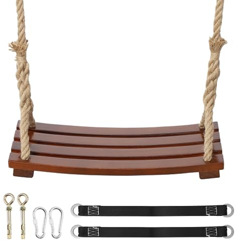 Wooden Tree Swing, Heavy-duty Wooden Swing with Adjustable Hemp Rope, Waterproof Hanging Swing Seat for Indoor, Outdoor, Backyard, Garden, Playground