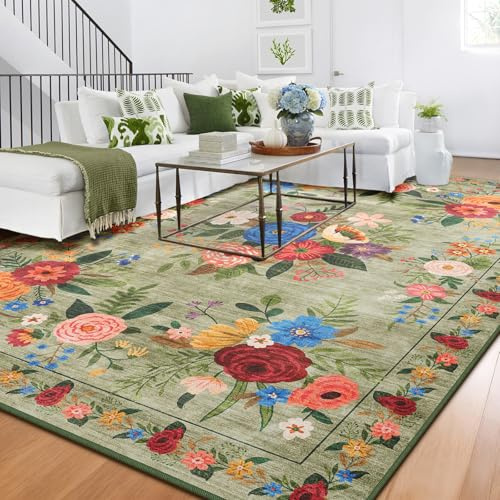 BYBSRLL Machine Washable Rugs Living Room, 90x150cm, Non Slip Floor Carpet, Boho Rug, Low Pile, Soft Vintage Floral Area Rugs for Bedroom, Kitchen,Entryway, Lounge, Bedside, Dorm, Green