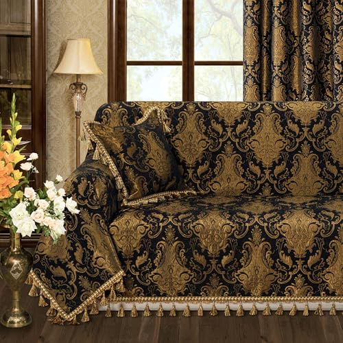 TOPLUXE Sofabezug 2 3 Sitzer Sofahusse Damast Sofaüberwurf Sofa Überzug Couchbezug Kratzschutz 1 Stück Protector für Hund Katze Haustier Wohnzimmer 180x300cm (Schwarz)