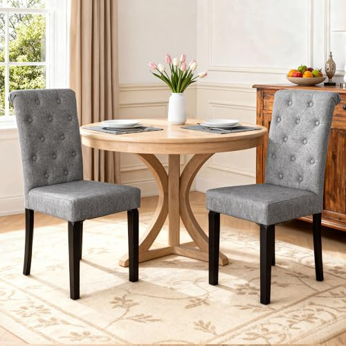 BonVache Esszimmerstühle 2er Set, Küchenstuhl Polsterstuhl mit hoher Rückenlehne, Beine aus Massivholz, Leinenoptik Gepolsterte Sitzfläche für Esszimmer, Wohnzimmer, Arbeitszimmer, Dunkelgrau