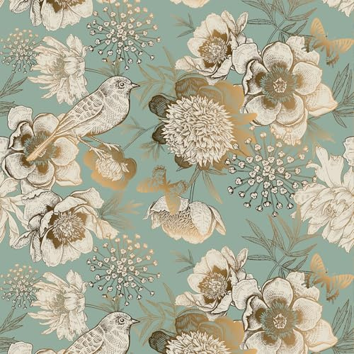 VEELIKE Selbstklebende Tapete Vögel Grün Gold Blumentapete Vintage Tapete Blumen Vogel Türkis Gold Mustertapete Fototapete Schlafzimmer Badezimmer Klebetapete Tapeten Wohnzimmer 44.5 cm × 300 cm