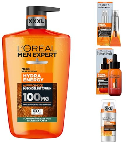 Hydra Energy Set aus L'Oréal Men Expert XXXL Duschgel, Augen Roll-On, Vitamin C Serum und XXL Feuchtigkeitspflege – gegen müde Haut mit Vitamin C, Taurin und Koffein
