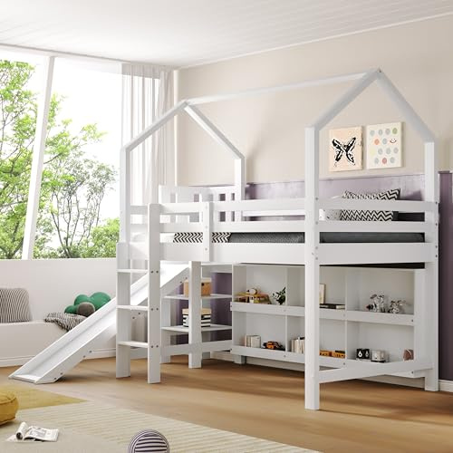 OOIILLEE Lit Cabane Enfants 90x200 avec Toboggan et escalier, Lit Superposé 1 Places avec casier et étagère, Lit Enfant Multifonctionnel en Bois Massif Blanc (sans Matelas)