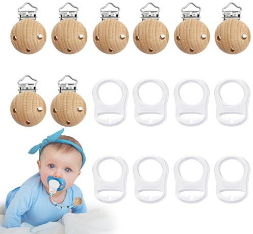 ARTGUTS 8 Stück Schnullerclip Holz und 8 Stück Silikonring für Schnullerkette, Baby Schnullerketten Clips, Schnullerclips zur Verhinderung von Verlust und Fallenlassen, für DIY Schnullerkette Basteln