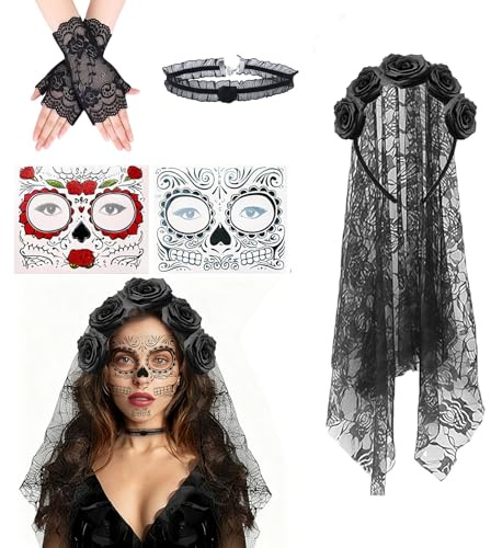 WZBBJuser Damen Karneval Stirnband mit Rosen und Schleier – Blumen Haarreif für Carnival, Cosplay, Bühnenauftritte & Maskerade