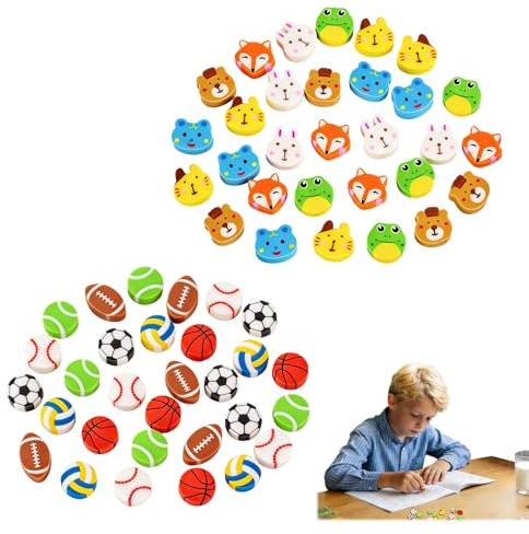 Set de 60 Mini Gomas de Borrar, 30 con Diseño de Animales y 30 de Pelotas, Divertidas Gomas de Borrar para Niños como Día del Niño, Goma Borrar Material Escolar
