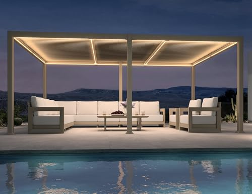 PURPLE LEAF Pergola Bioclimatica in Alluminio 3,5 × 5,5 m con LED, Pergola Giardino Esterno con Lame Orientabili, Anti-UV e Impermeabile, Grande Stabilità, per Grande Terrazza e Carport, Champagne