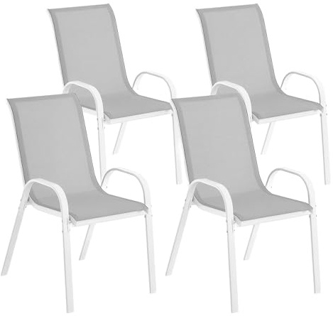 Outsunny Lot de 4 chaises de Jardin, chaises empilables, Dossier Haut incliné, Tissu en Maille Respirante, Cadre en Acier, Gris