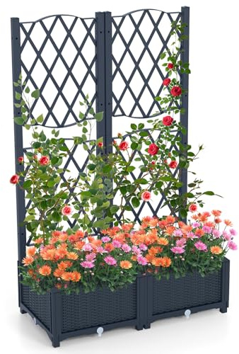 HOMASIS Blumenkasten mit Rankgitter, Pflanzenkasten mit Spalier, Selbstbewässerung, Pflanzkübel Gartenspalier für Kletterpflanzen, Rankkasten Hochbeet für Balkon Garten Terrasse (Grau, 80x40x122cm)