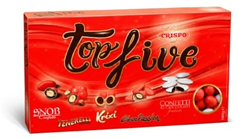 Crispo Confetti Top Five Mix 5 Gusti Sfumati ROSSI – Confetti Assortiti al Cioccolato, Mandorla, Nocciola e Cereali per Confettata, Bomboniere, Laurea, Matrimonio, Anniversario, Eventi 1Kg