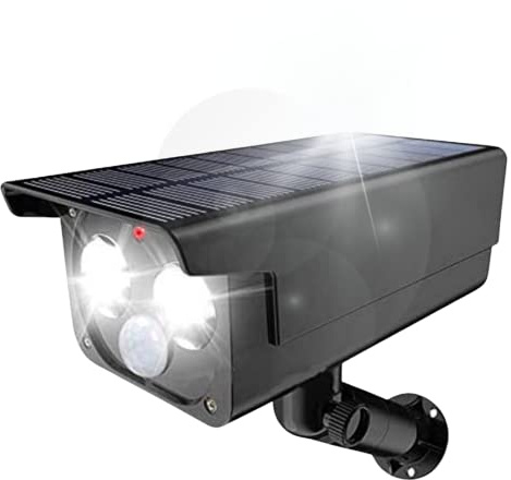 Proxinova Focos LED Solares con Sensor de Movimiento y Cámara Vigilancia Falsa, Iluminación Sustentable Exterior, 1050 Lúmenes, IP65 Impermeable