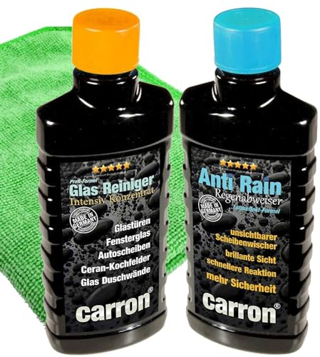 carron® Anti-Rain Profi-Set Glasreiniger + Regenabweiser + Eiskratzer für Reinigung und Versiegelung der Frontscheibe - Glasversiegelung für regenabweisenden Lotuseffekt (Bundle)