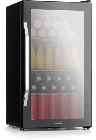 KLARSTEIN Beersafe 80 L Frigorifero per Bevande con Porta in Vetro, Nero | luce LED, ripiani metallici estraibili, silenzioso, frigo bar per birra, lattine e bottiglie