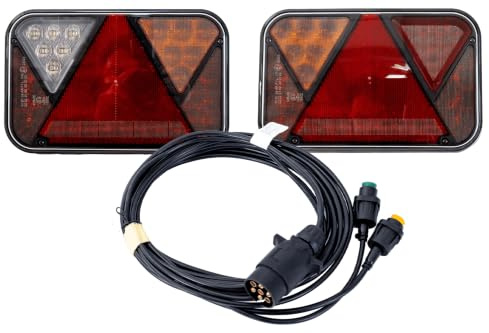 FRISTOM Anhänger Beleuchtungsset Rückleuchten FT-270 LED links rechts 12 V E9 EMV IP68 Bajonett 5 Pin mit Dreieckreflektor und MANTES Kabelbaum 4 m 7 Pin für Anhänger PKW