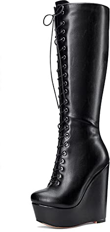 NobleOnly Scarpe col Tacco Donna Plateau Zeppa Stivali Metà Polpaccio Cerniera Lacci Wedge Boots 16CM High Heels Nero Opaco Scarpe EU 36