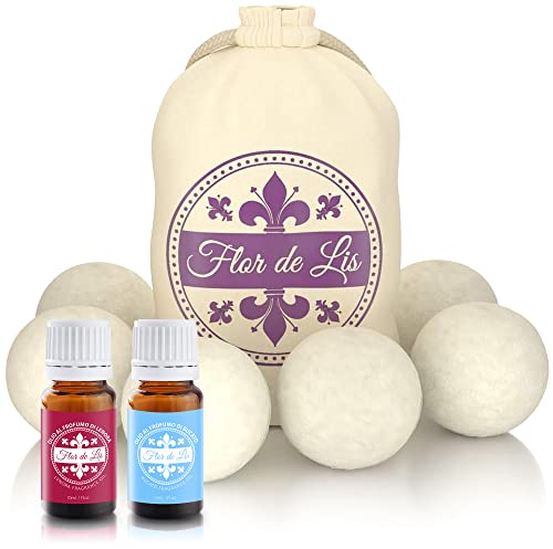 Trocknerbälle für Wäschetrockner aus Bio Schafwolle inkl. 2 x Düften | 6 Trocknerbälle für Daunenjacken mit Duft: Weichspüler & frischer Wäsche | Natürlicher Weichspüler | Neuseeländische Wolle